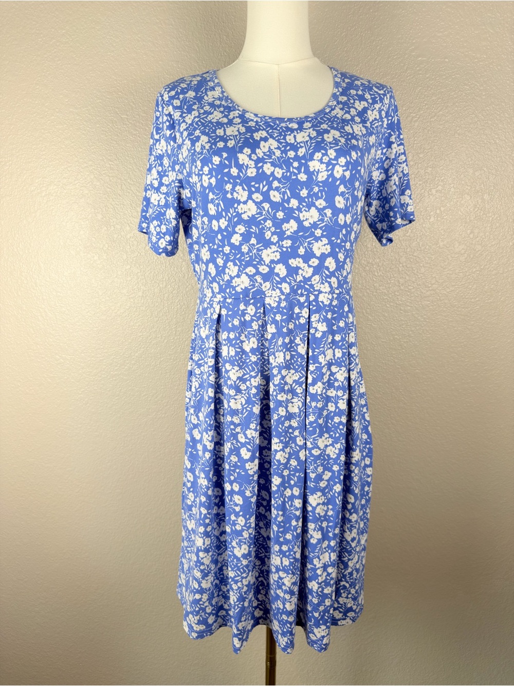 NWT Auselily Blue Floral Short Sleeve Midi Dress Pleated Skirt Pockets, Large - Picture 3 of 11